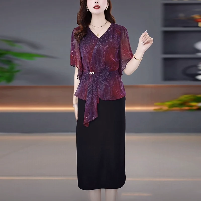 琉璃丝气质轻奢高级感女装2025夏季新款时尚修身显瘦假两件连衣裙