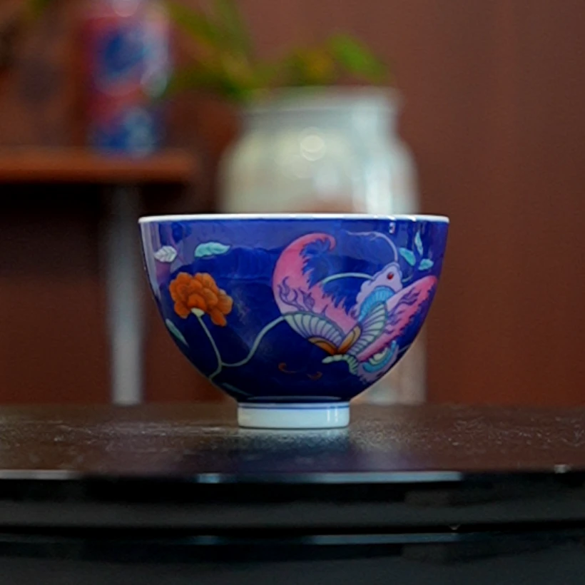 12.27/N100340/01044/蓝色蝴蝶鸡心杯/口径7.5/高5.2