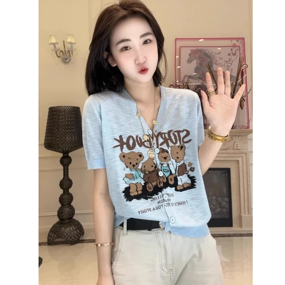 时尚V领洋气百搭冰丝针织短袖T恤女2025夏季新款气质百搭减龄上衣