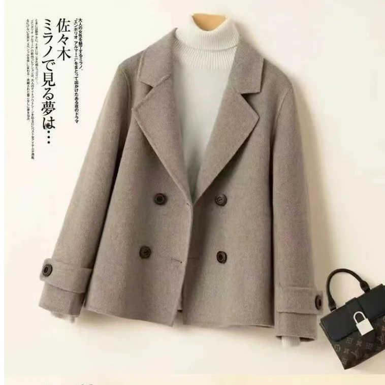 新款西装领外套双面呢大衣短款秋冬宽松上衣【566】