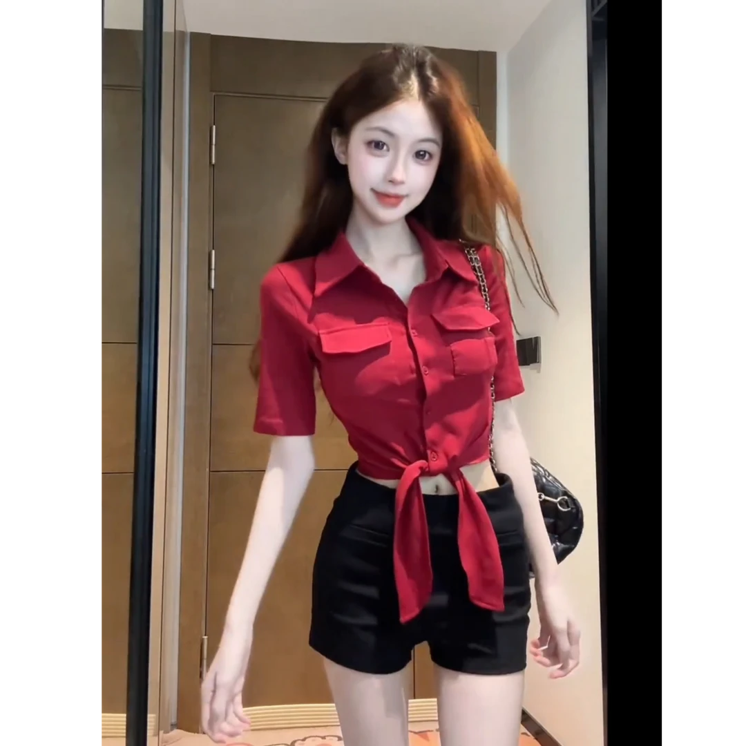 2025夏季新款纯欲风翻领中袖衬衫女夏季设计感辣妹上衣裤子两件套