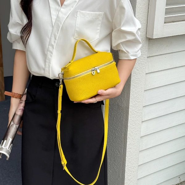 Jinho/金猴2025夏款头层牛皮手提单肩斜挎包荔枝纹盒子包化妆包