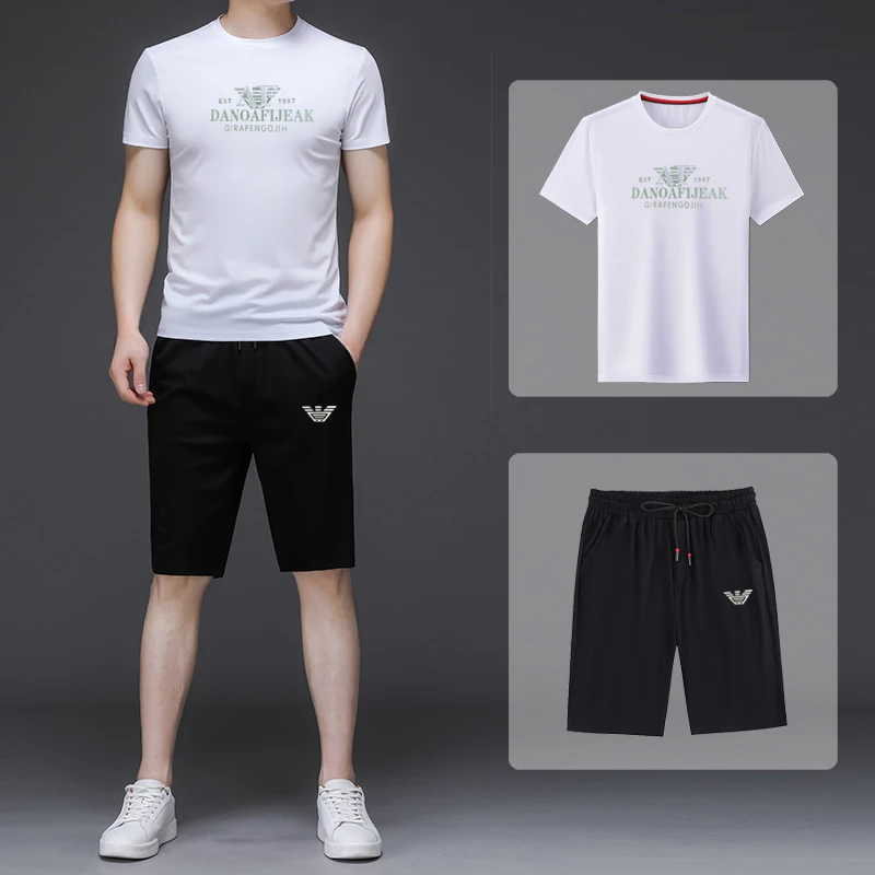 汤米芙兰可男士夏季圆领短袖T恤大短裤套装新款时尚休闲透气两件