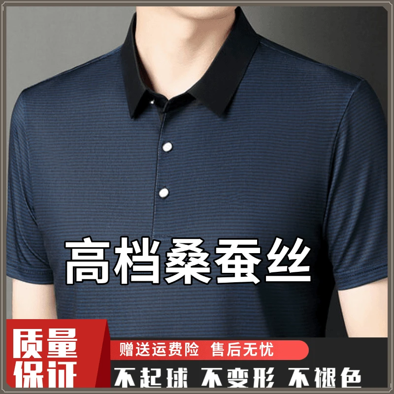 【桑蚕丝】2025清仓高档夏季短袖T恤男中年翻领休闲半袖条纹无痕男