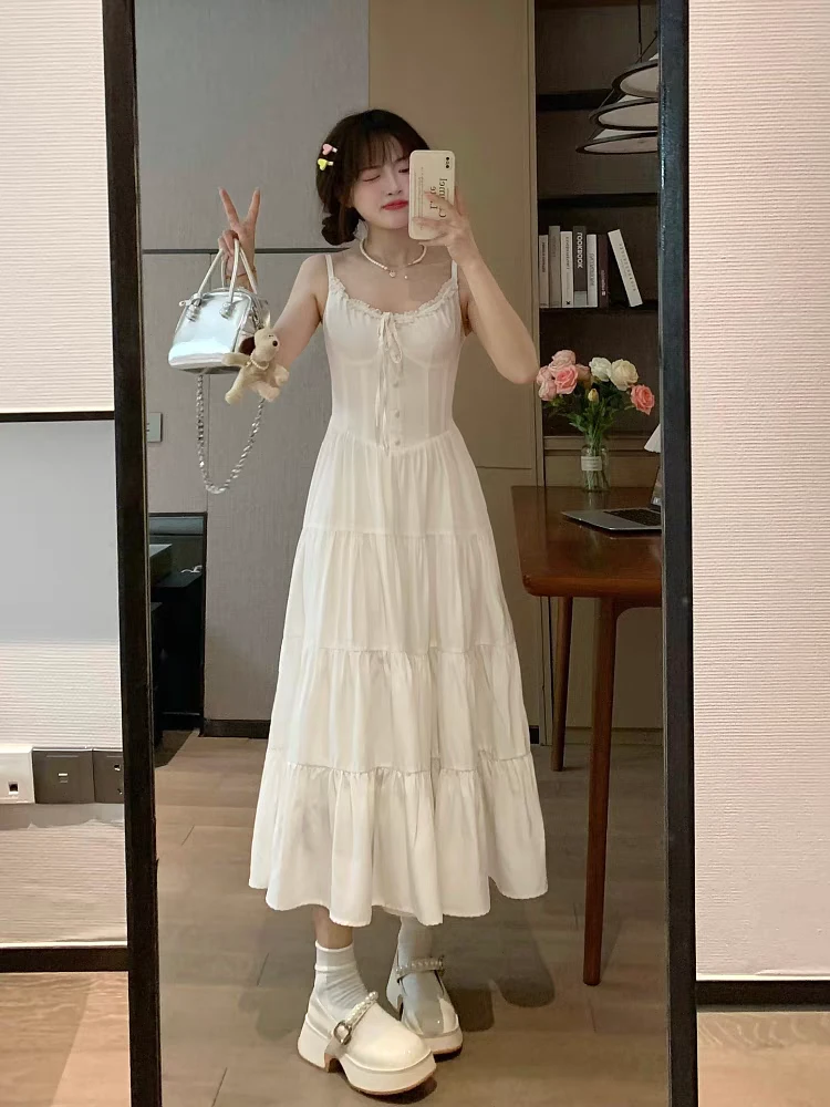 春夏初恋白月光海边度假出游法式白色打底裙吊带长款连衣裙