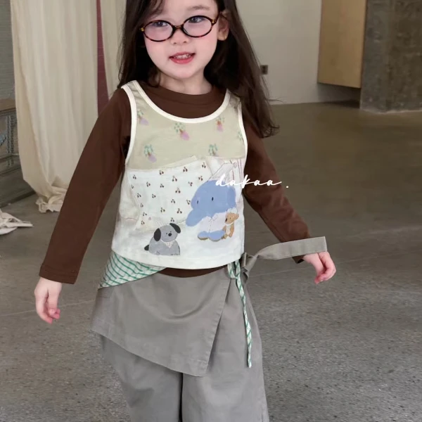 PUFF-6177-女童儿童秋季休闲满印马甲上衣两件套