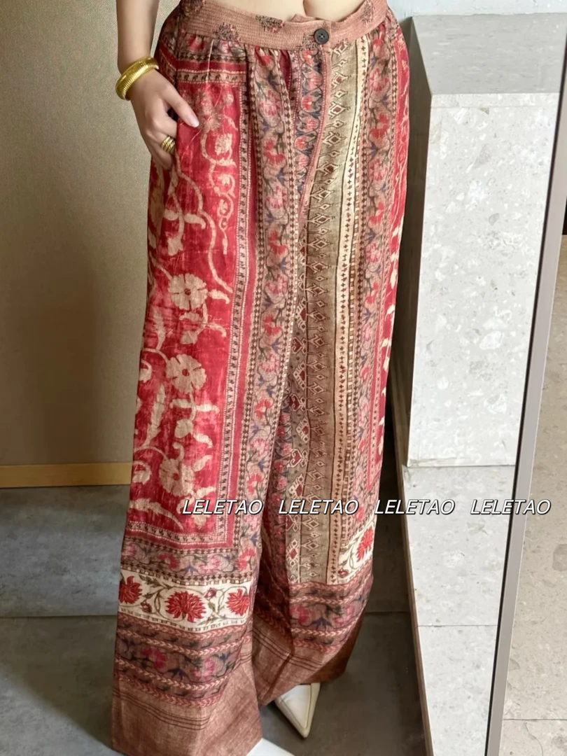 LELETAO/100%苎麻复古民族风印花直筒阔腿休闲长裤