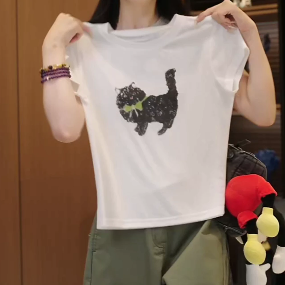 “绿领带小猫”夏季新款天丝亚麻流行显瘦短袖T恤C5389