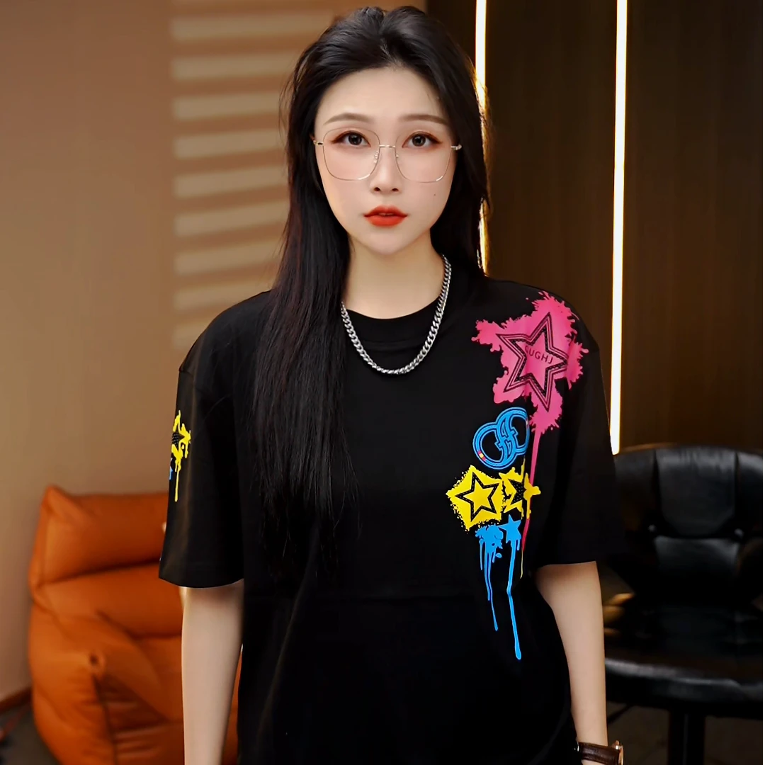 [麦森森专属]短袖半袖男士圆领休闲拼接印花T恤情侣黑色夏季