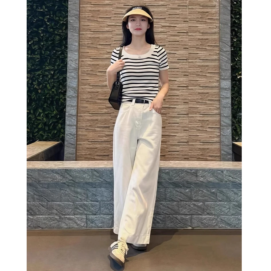 夏日小个子独特漂亮高级松弛感穿搭气质休闲条纹上衣两件套装裤女