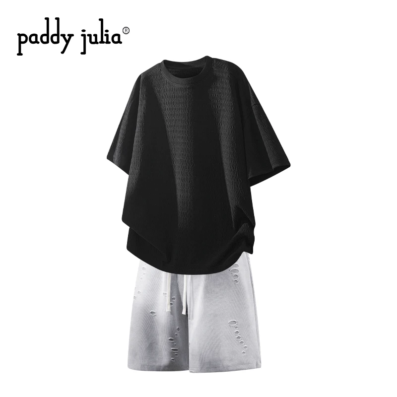 Paddy julia美式破洞短袖t恤套装男夏季薄款肌理感休闲痞帅两件套