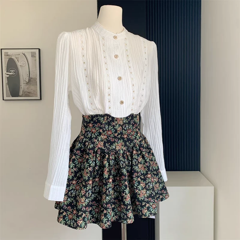 2025春夏灯笼袖衬衫设计感上衣女复古刺绣高腰A字短裙两件套潮