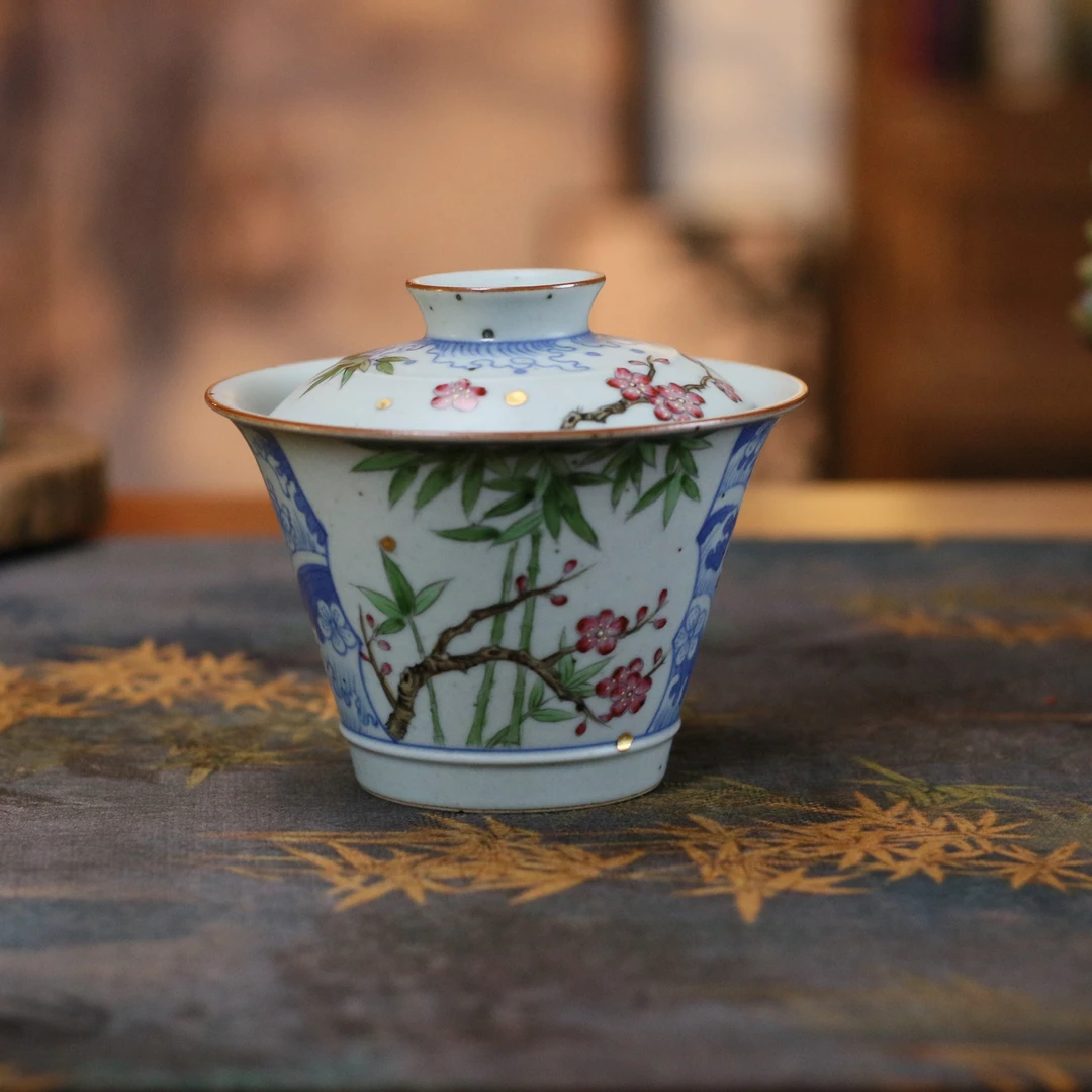 【素谷籣兮】纯手工手绘复古陶瓷海浪缠枝纹青花竹梅矾红斗笠盖碗