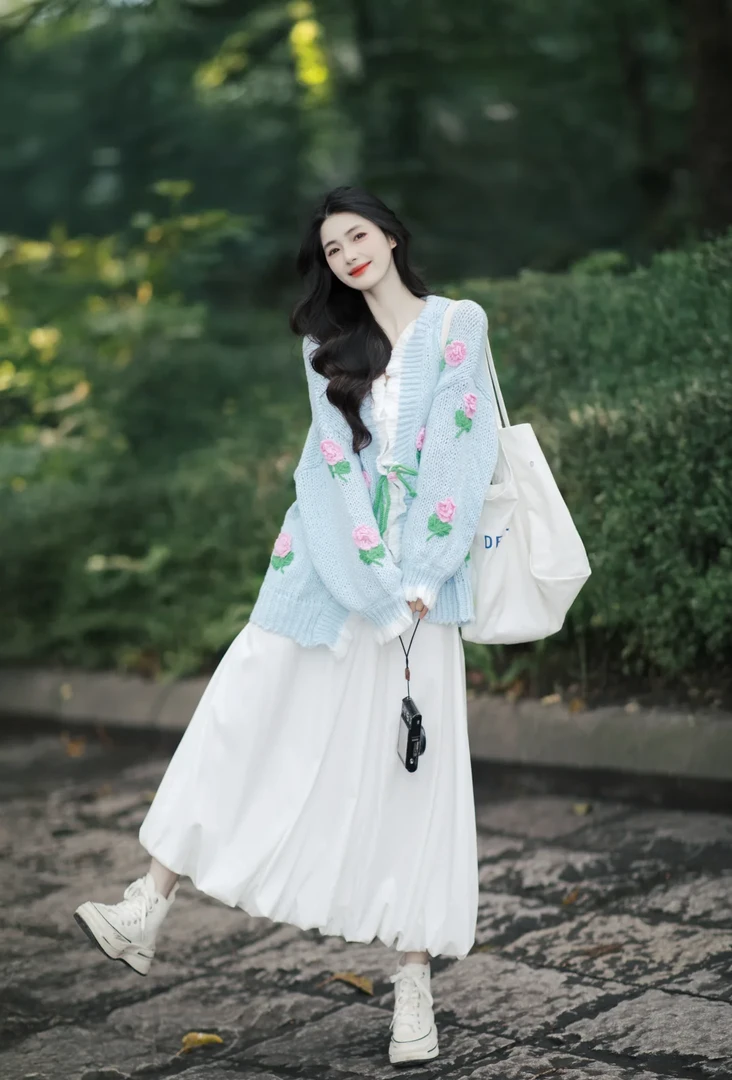 2025春季新款温柔风甜美蓝色刺绣针织开衫搭配半身裙气质两件套女