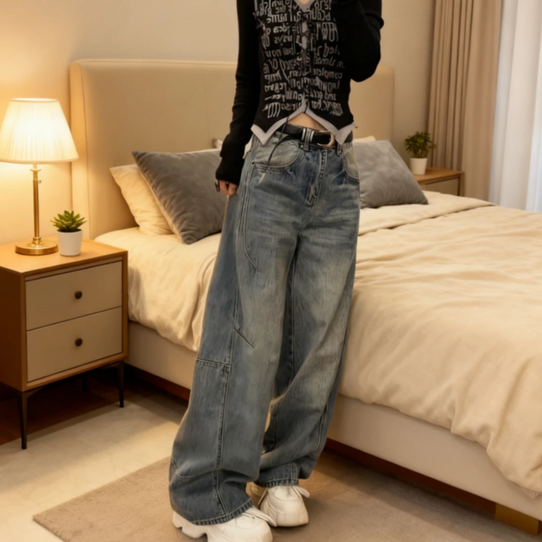 2025年新上款女士爆款长款高腰弯刀牛仔裤宽松做旧设计感蓝色裤子