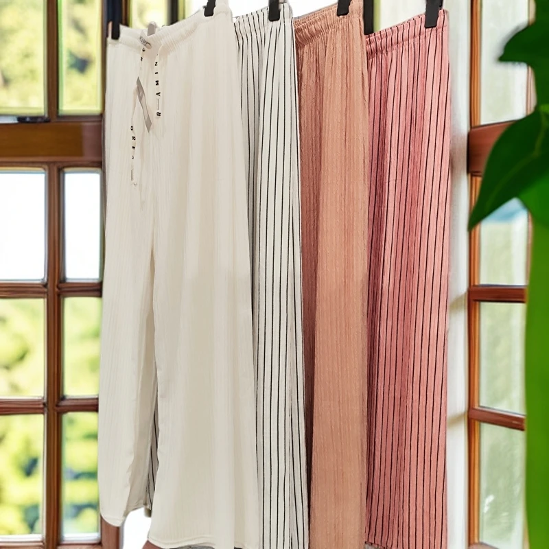 高腰条纹直筒裤宽松显瘦气质休闲裤松紧腰设计百搭长裤