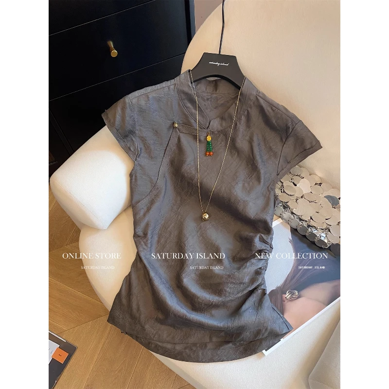 新中式提花盘扣立领飞飞袖衬衫女2025夏气质小众褶皱收腰显瘦上衣