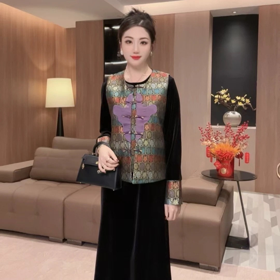 6974云天定制25春款国风百搭减龄大码显瘦丝绒连衣裙+盘扣马甲套