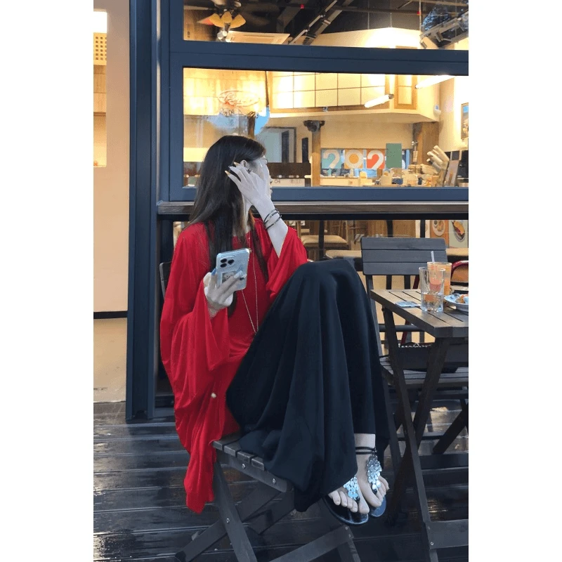 夏季松弛感红色防晒罩衫上衣百搭休闲半身裙慵懒风套装