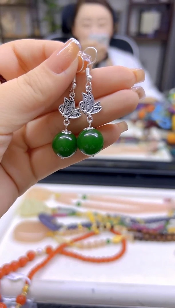和田玉（碧玉）银S925镶嵌耳饰DIY款E570