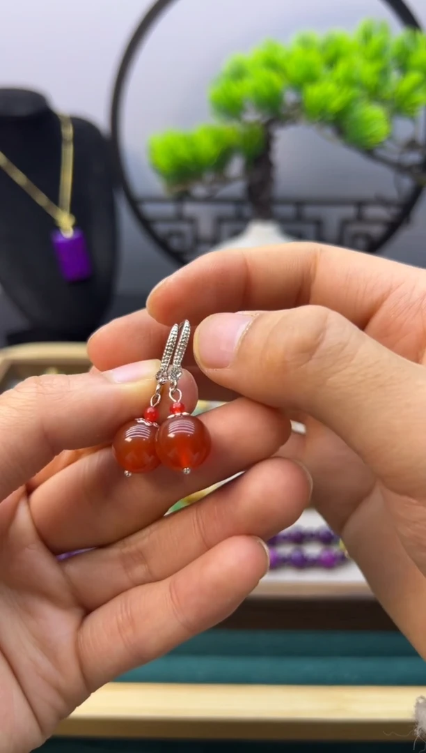 【闪购商品】南红玛瑙耳饰银S925镶嵌E364