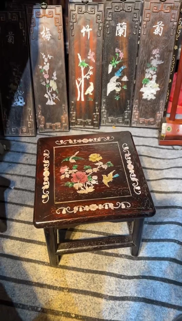 木紫檀富贵凳镶嵌彩贝花鸟花鸟