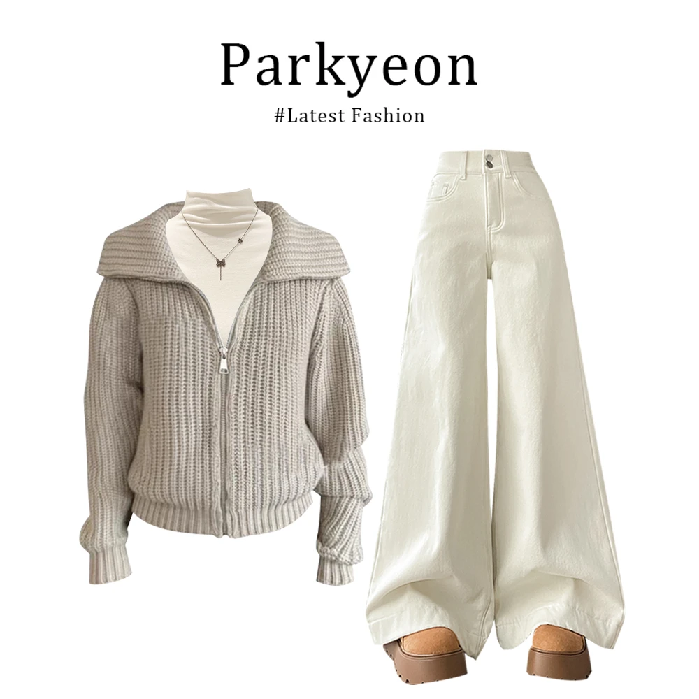 韩系纯欲慵懒老钱风套装小众炸街早秋毛衣穿搭休闲裤三件套