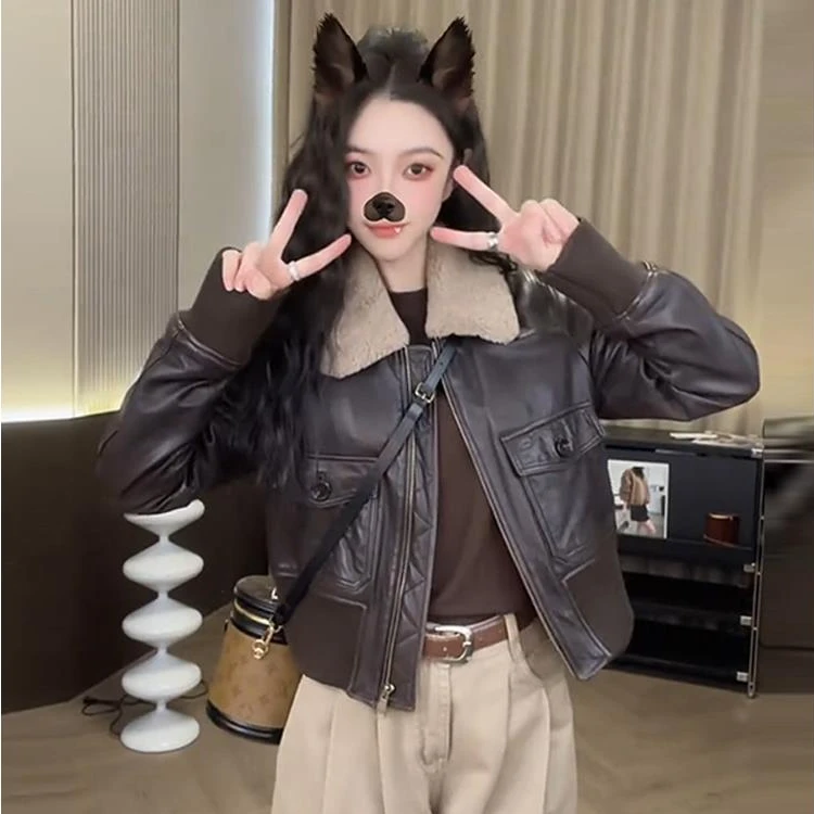加棉加厚皮衣外套女秋季新款小个子百搭休闲款短款皮夹克上衣
