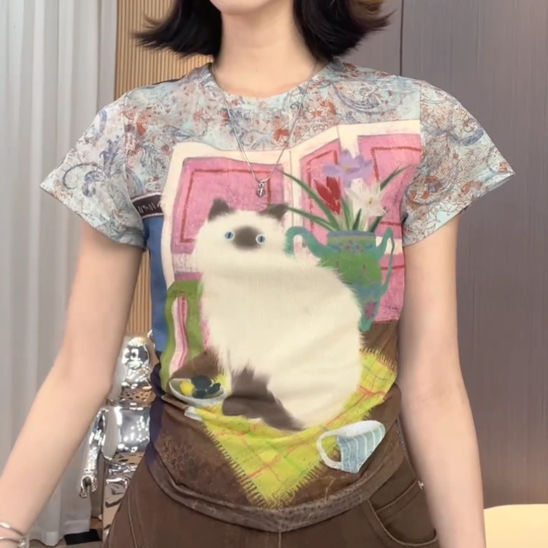 春夏‘’壁画猫咪‘’复古油画设计感软糯轻薄短袖LK2503299
