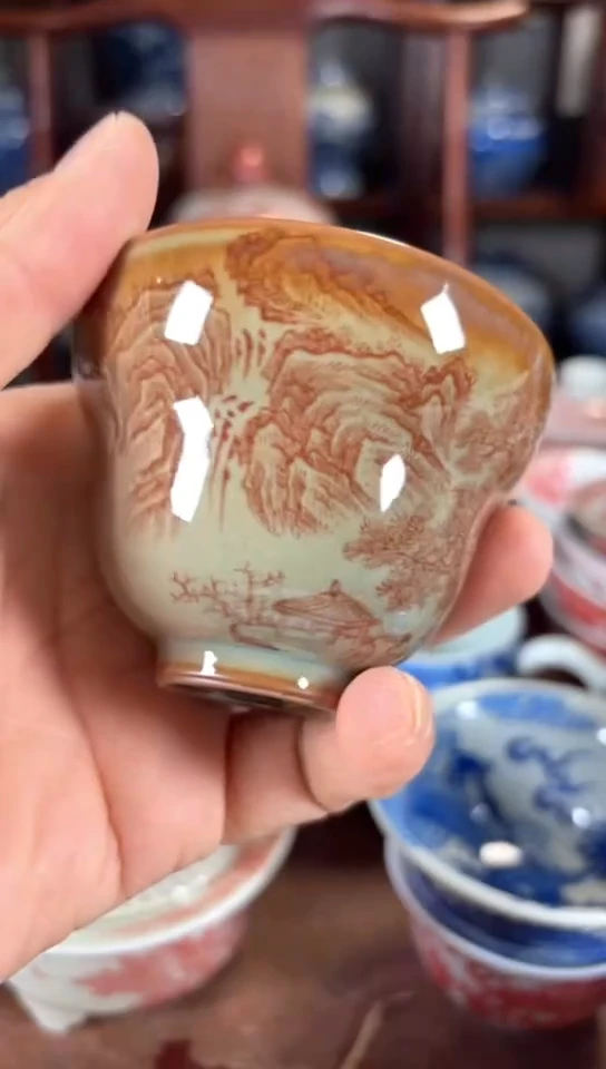 柴窑老陶泥釉里红山水杯杯吸烟