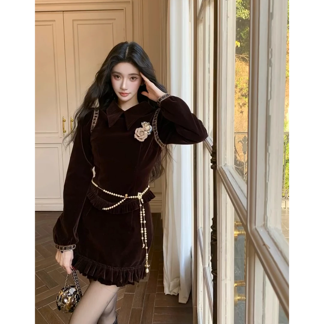 MARIE.COCO小香千金风套装女秋冬高级感木耳边短款丝绒上衣半身裙