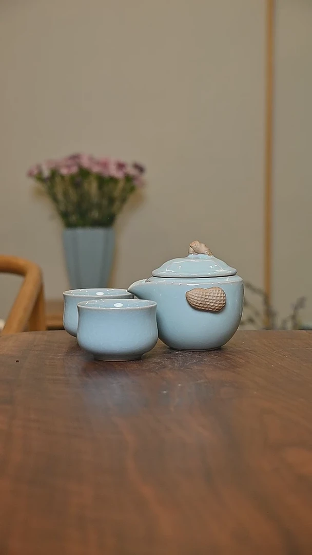 好事发生快客一壶二杯 天青 微瑕 朱家汝窑款