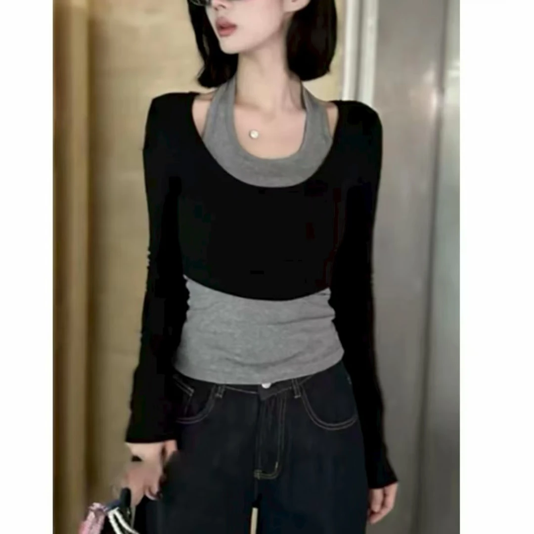 真两件早秋U型领女T恤设计感长袖有弹力圆领透气纯色修身显瘦上衣