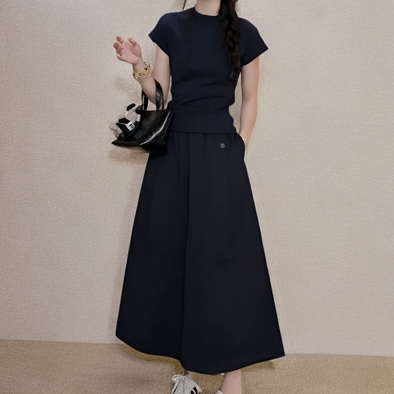 夏季简约纯色净版短袖T恤上衣显瘦百搭休闲半身裙气质套装女洋气