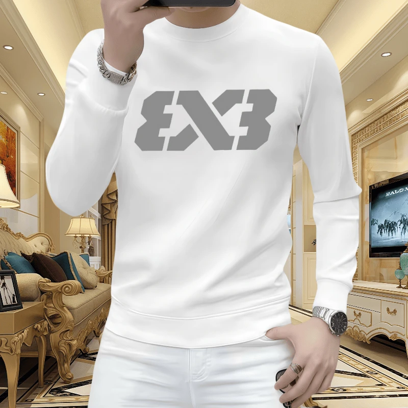 欧货男士长袖卫衣时尚休闲潮流青年修身新款印花圆领套头内搭上衣