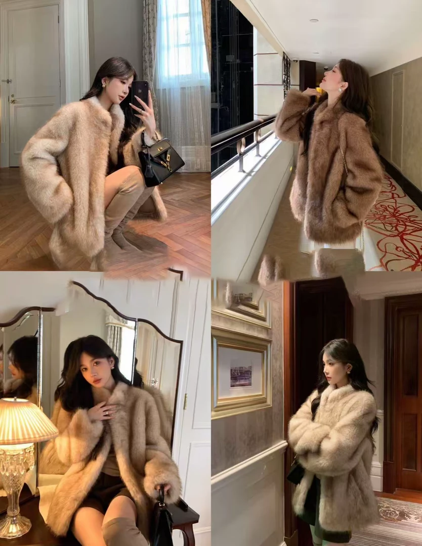 DYS”韩剧女主“秋冬新款时尚韩版立领双色毛毛外套