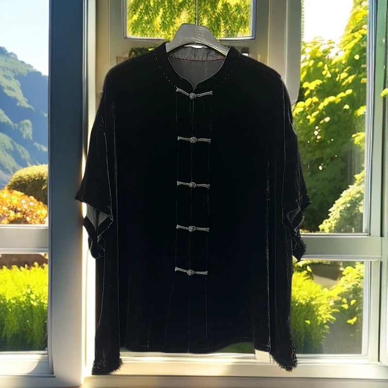 衣秋白复古盘扣开衫351037纯黑色金丝绒上衣