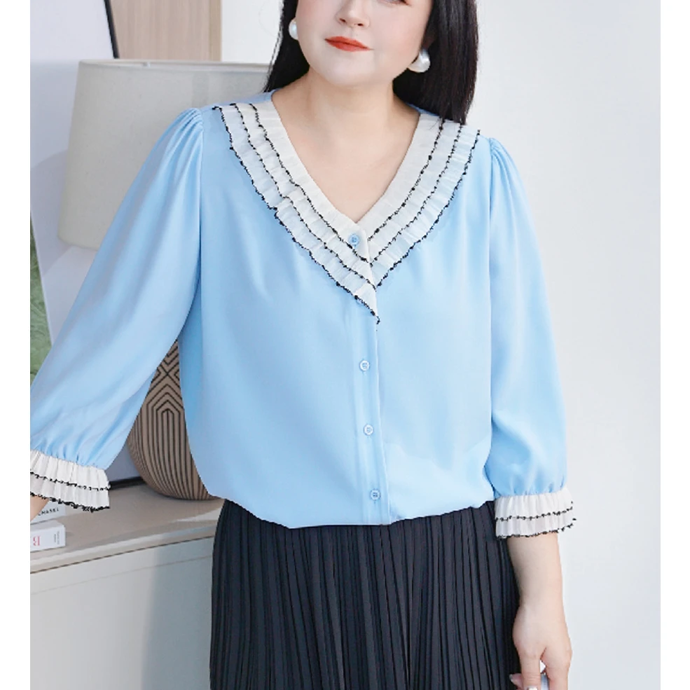 【落日玫瑰】MsShe大码女装夏装优雅荷叶边七分袖小衫B2504062