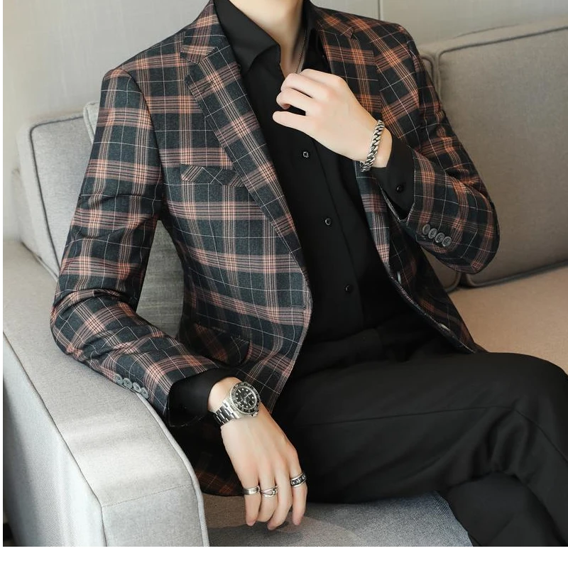 灏吉弧格子西装外套男士韩版修身单西便服潮流春秋大码商务西服