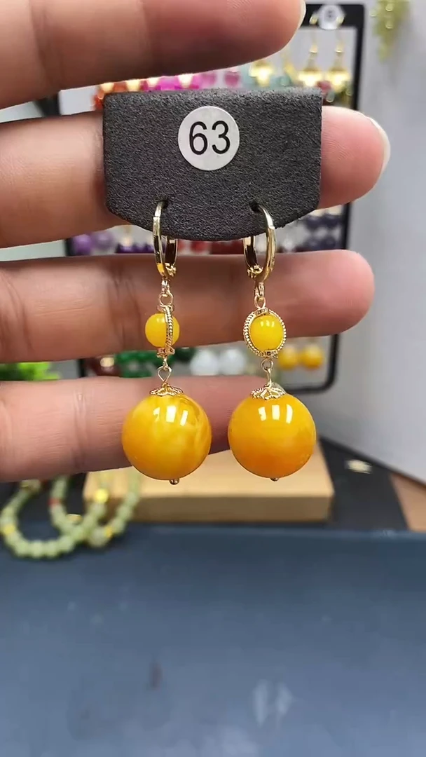 银S925镀金镶嵌蜜蜡耳饰尺寸16mm耳扣D1