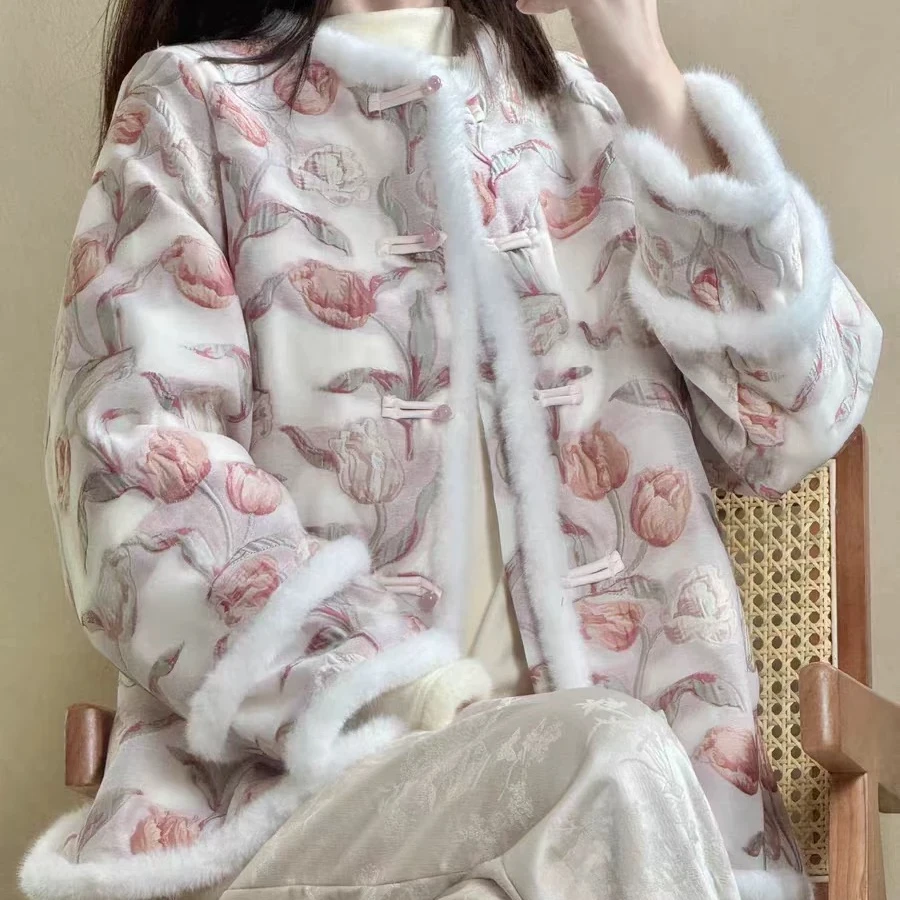 新中式玫瑰棉服加绒中国风