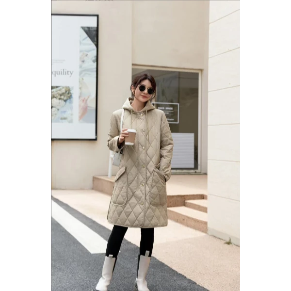 2024菱格棉服女冬季长款chic复古港风高级感冬装外套气质女神
