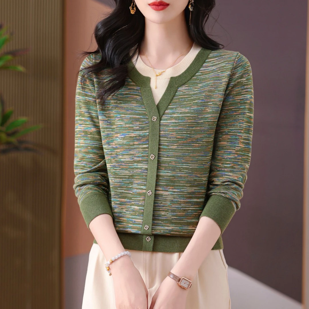 【绵羊毛】彩纱圆领假两件小衫2025春秋新款薄款洋气套头长袖针织衫