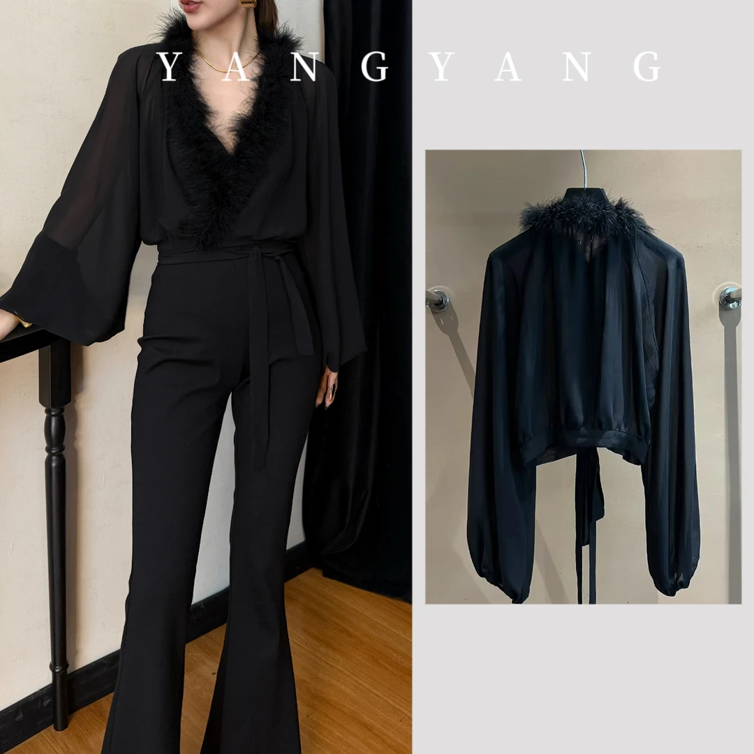 YANGYANG洋洋 纯欲风毛毛拼接微透雪纺纱灯笼袖上衣