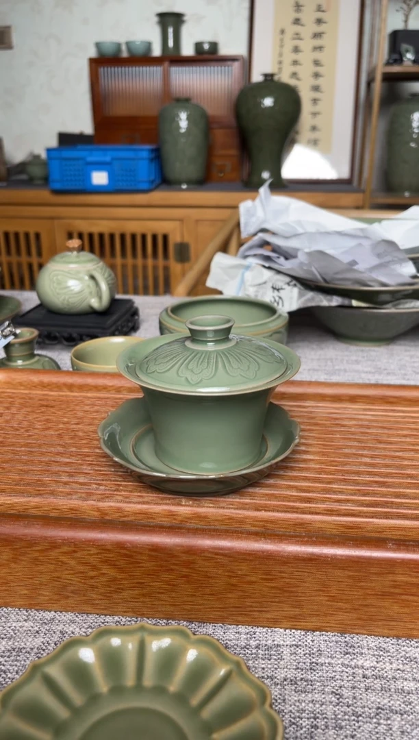 陶瓷上奇 纯手工秘色素面三才盖碗