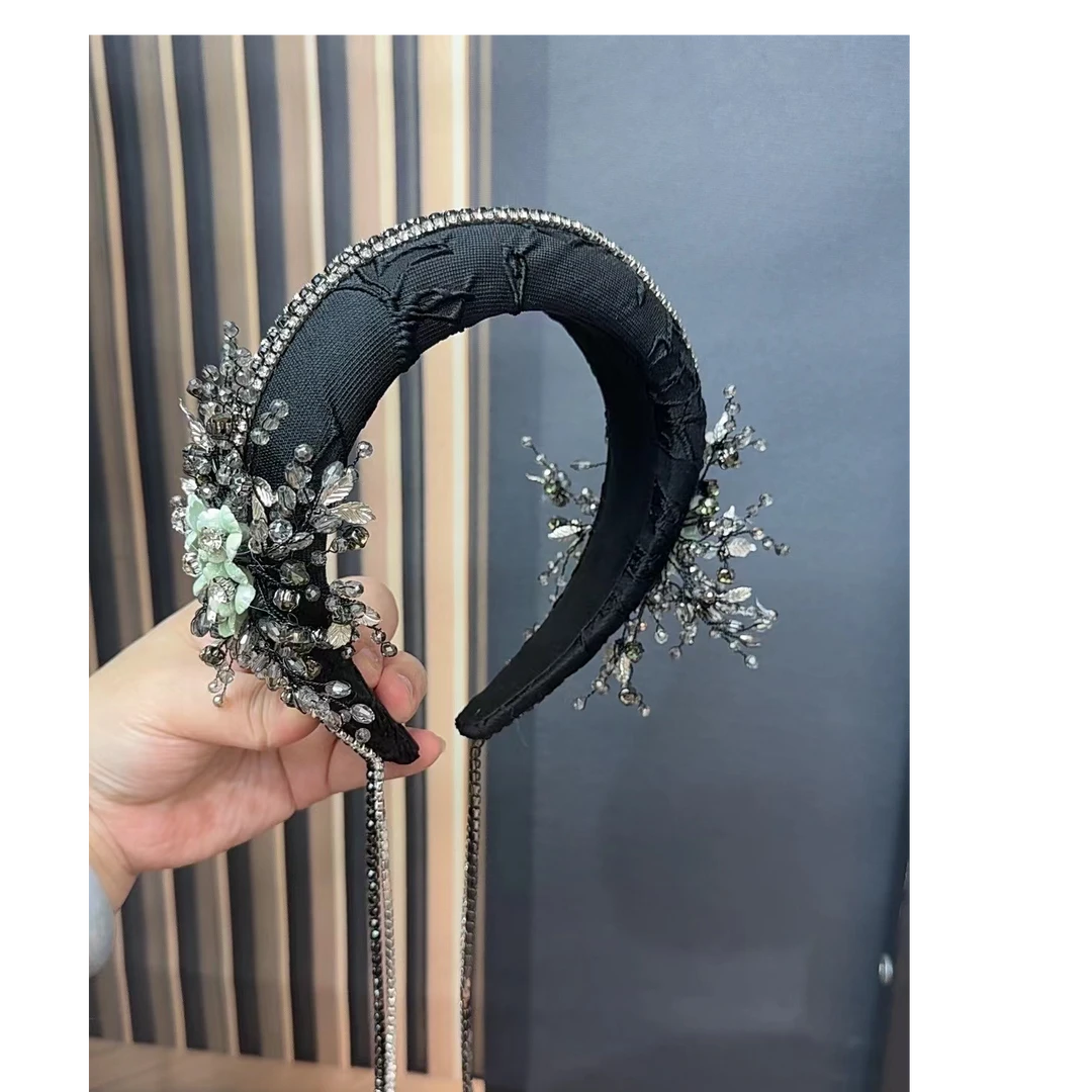 JINLING原创轻奢手工高级铜丝线花朵黑色高颅顶发箍发卡重工素款