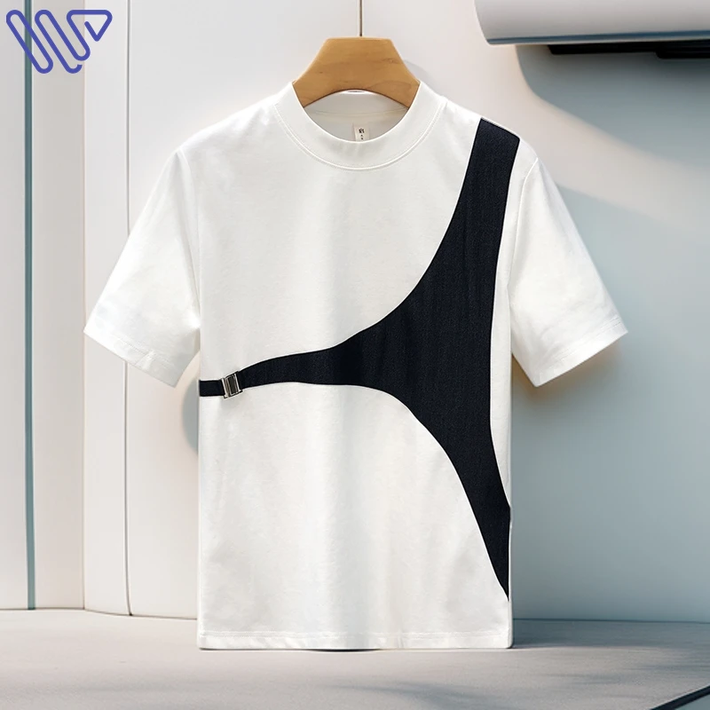 夏季痞帅拼接短袖T恤男 美式街头机能风修身潮牌上衣百搭网红同款