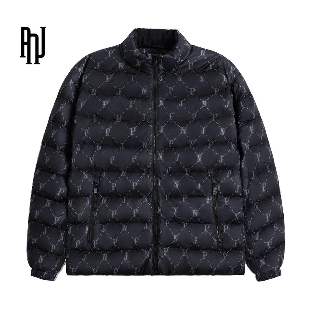 PNJ新品90绒秋冬时尚保暖休闲运动满印立领轻薄款羽绒服情侣短款