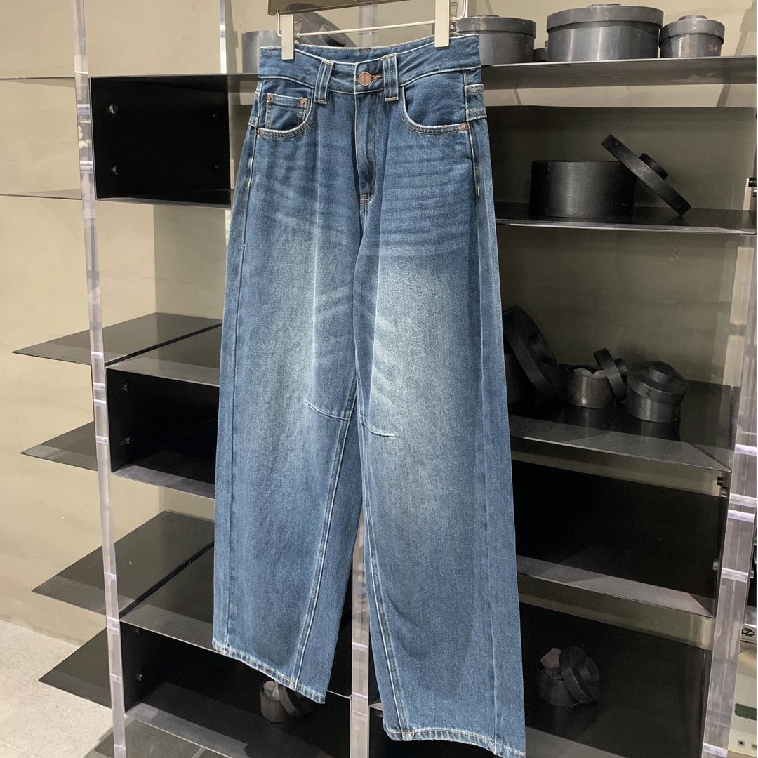 休闲显瘦显高磨白褶皱阔腿哈伦牛仔裤女 K5105