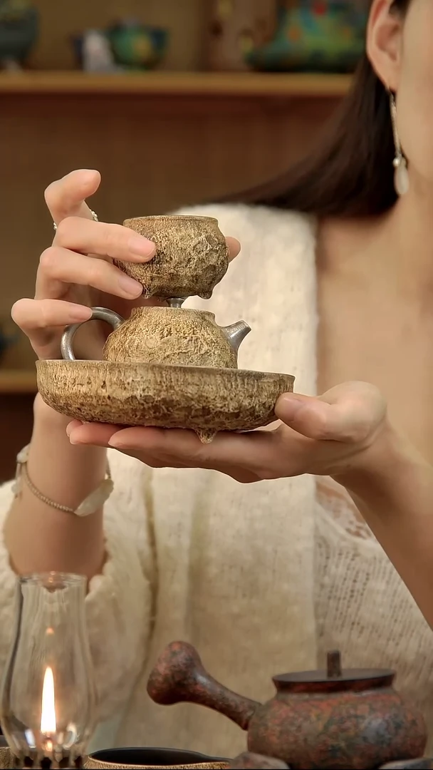 言野手作 粉引仿古三足壶+三足杯+三足壶承